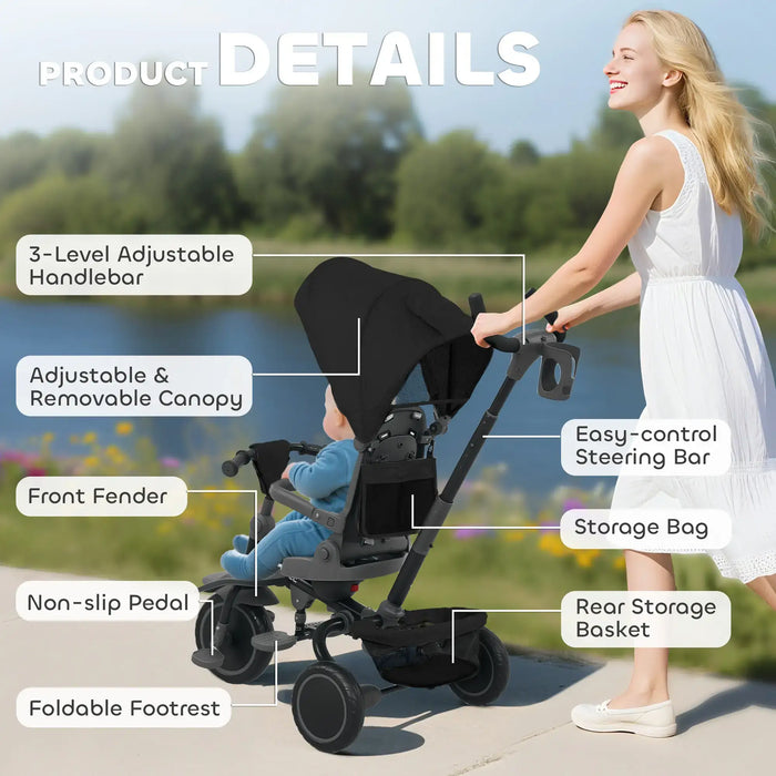 Stroller with features highlighted and a woman pushing it outdoors.