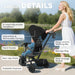 Stroller with features highlighted and a woman pushing it outdoors.
