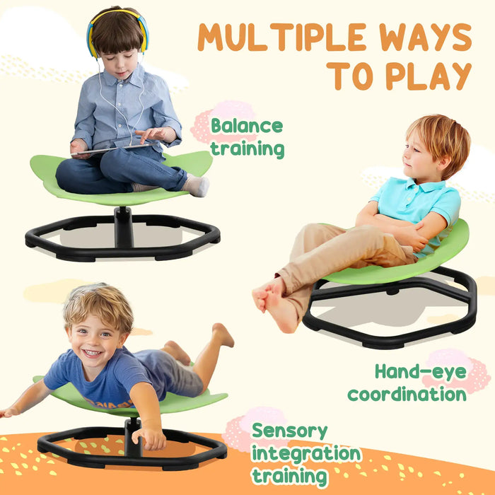 Children using a green balance chair with text indicating multiple ways to play.