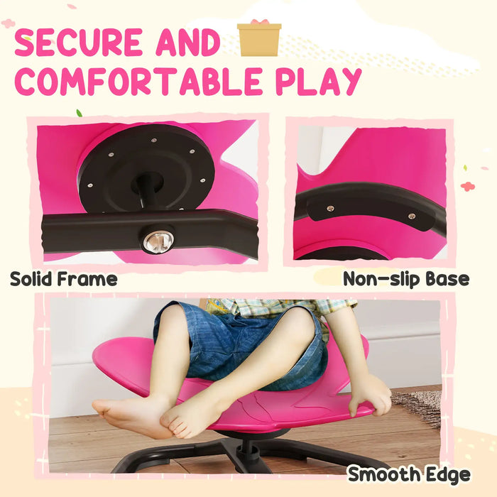 Pink chair with text highlighting 'Secure and Comfortable Play' on a light background.