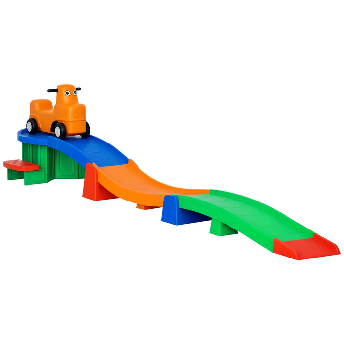 Colorful toy track with an orange car on a white background