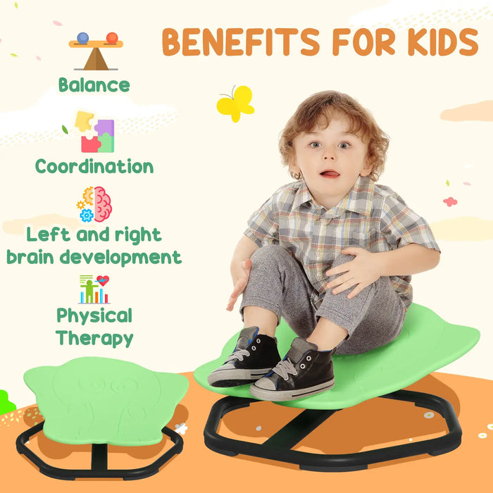 Child sitting on a balance board with text highlighting benefits for kids