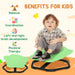 Child sitting on a balance board with text highlighting benefits for kids