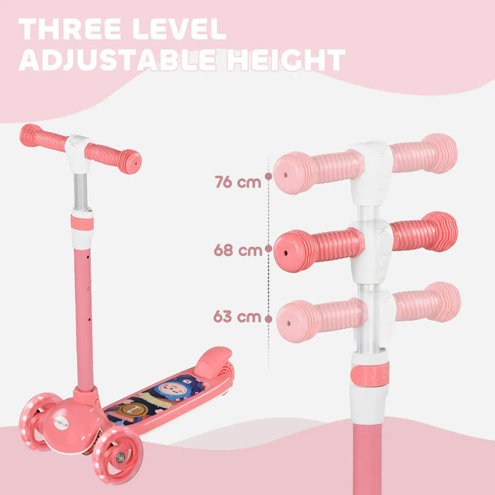 Pink three-wheel kids scooter with adjustable height handlebar at 63, 68, and 76 cm