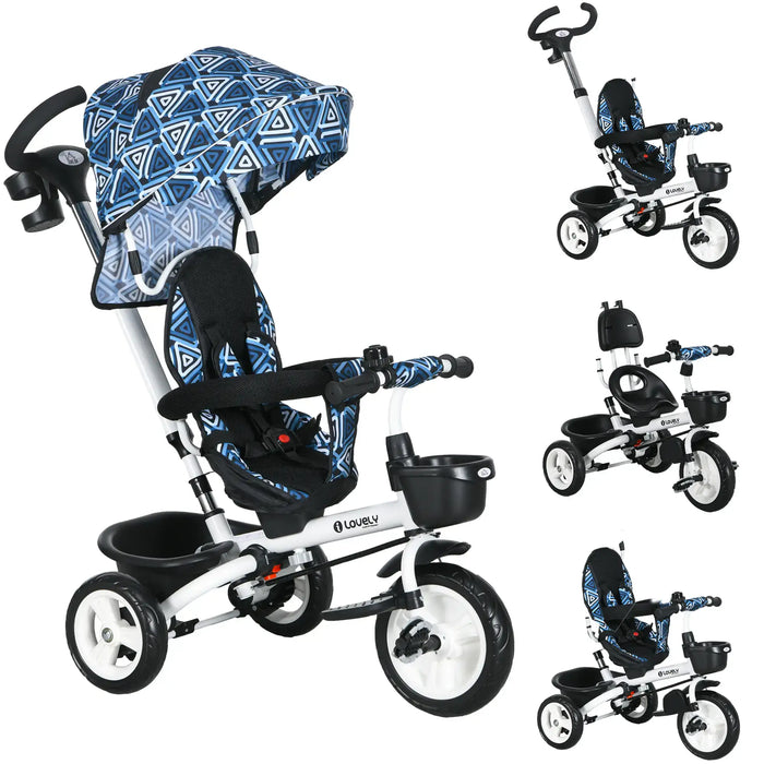 Children's tricycle with blue geometric patterned canopy on a white background