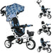 Children's tricycle with blue geometric patterned canopy on a white background