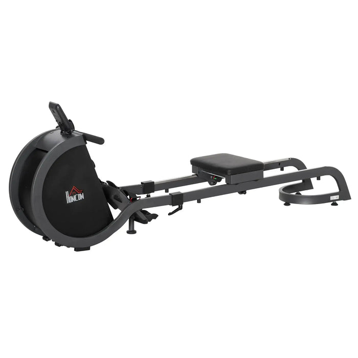 Black rowing machine with a visible brand logo on a white background