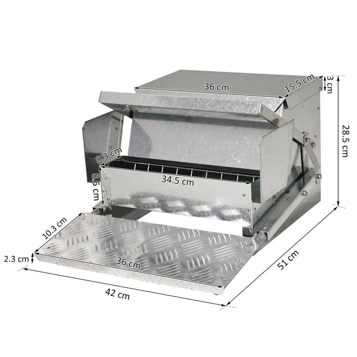 Galvanized metal poultry feeder with open lid and detailed size dimensions