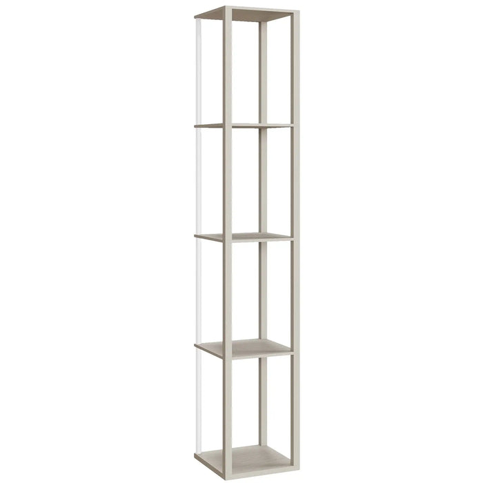 Tall white shelf with five shelves on a white background