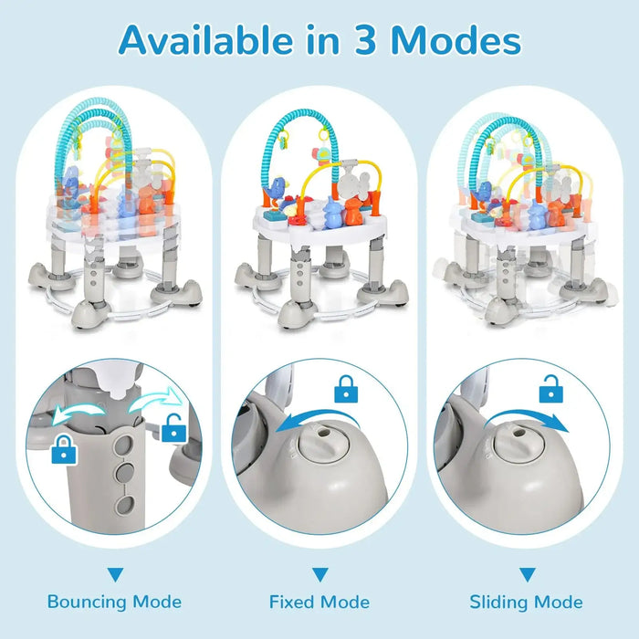 Baby activity center with toys in 3 adjustable modes: bouncing, fixed, and sliding, with locking mechanisms