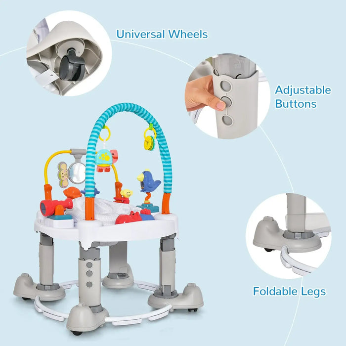 Baby activity walker with universal wheels, adjustable buttons, foldable legs, and colorful toys