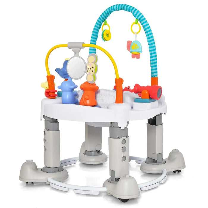 Adjustable baby activity walker seat with colorful toys, hanging mirror, and play arches