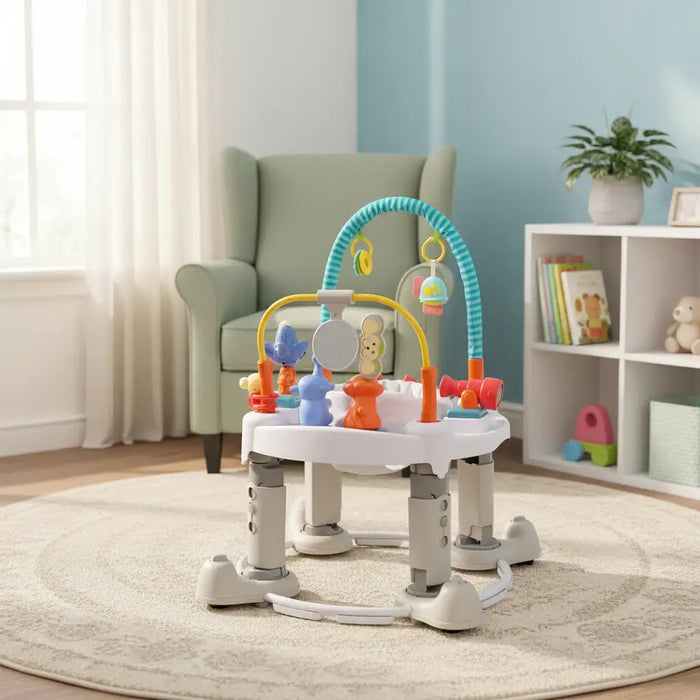Baby activity center with toys on a round rug in a cozy living room with armchair and bookshelf