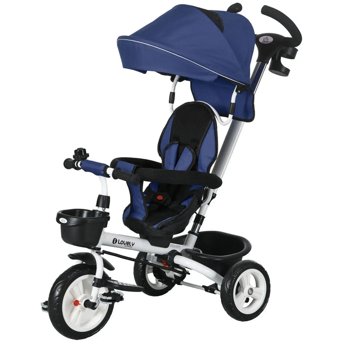Blue and black baby tricycle with canopy on a white background