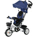 Blue and black baby tricycle with canopy on a white background