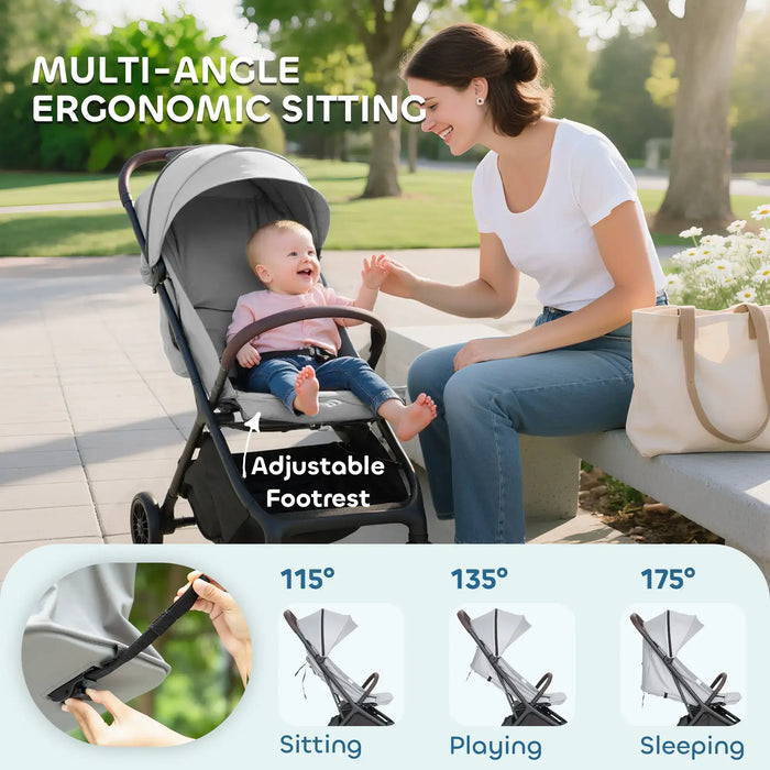 Woman and baby in a stroller with adjustable footrest feature, outdoors.