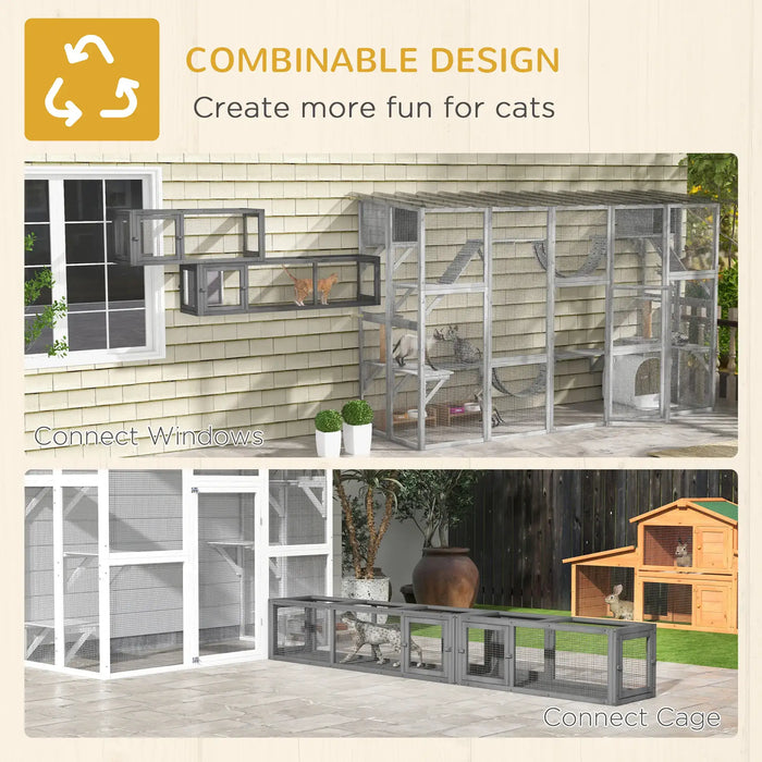 Modular outdoor cat enclosures with connectable windows and cages for expanded play and safety