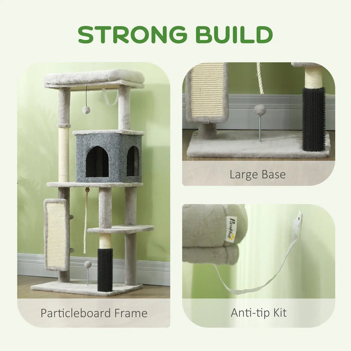 Gray multi-level cat tree with scratching posts, cozy hideaway, large base, and anti-tip kit in living room