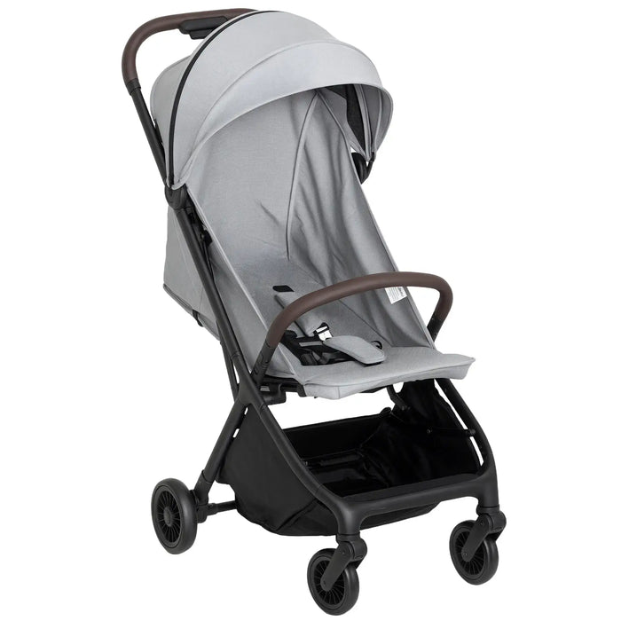 Gray stroller with a canopy on a white background