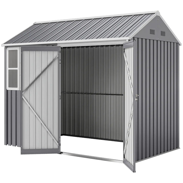Gray metal garden shed with open double doors and sloped roof