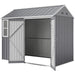 Gray metal garden shed with open double doors and sloped roof