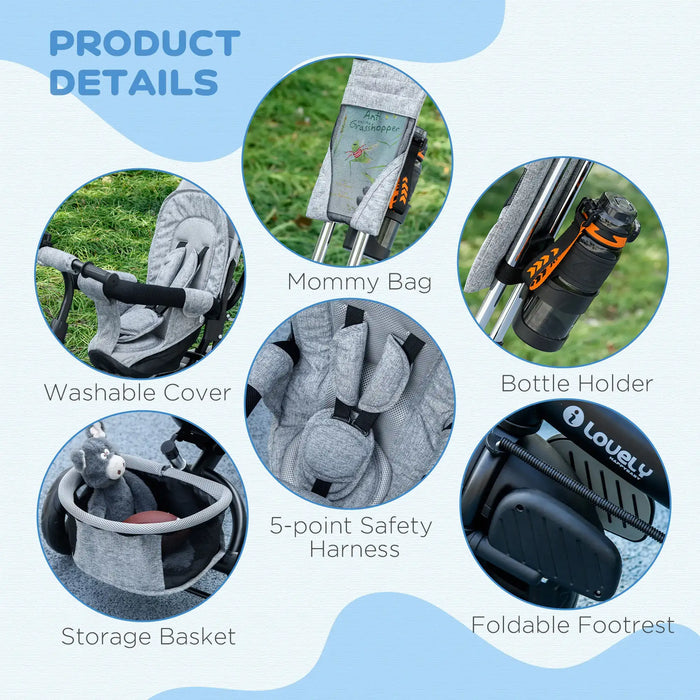 Product details of a baby stroller with various features highlighted.