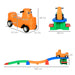 Toy truck with dimensions and a track setup on a white background
