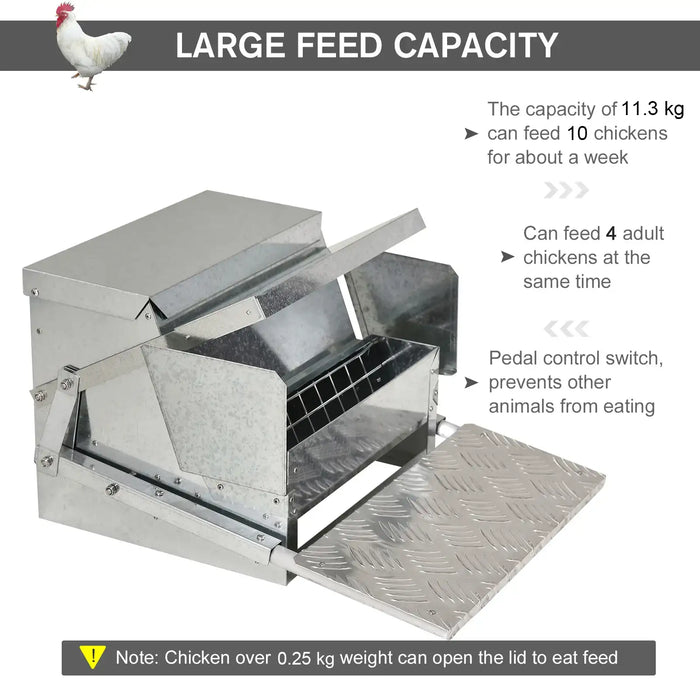 Large metal chicken feeder with 11.3 kg capacity feeds 10 chickens for a week, pedal control prevents other animals