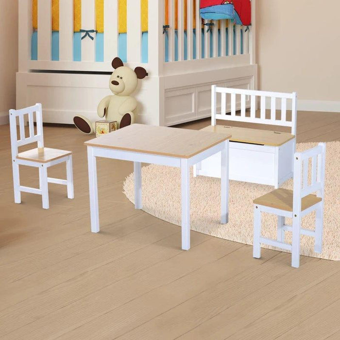 4-Piece Kids Table and Chair Set with 2 Wooden Chairs and 1 Storage Bench - Little and Giant Explorers HOMCOM