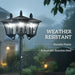 Weather resistant black outdoor lamp post with three bright lights in rain, made of durable plastic and stainless steel