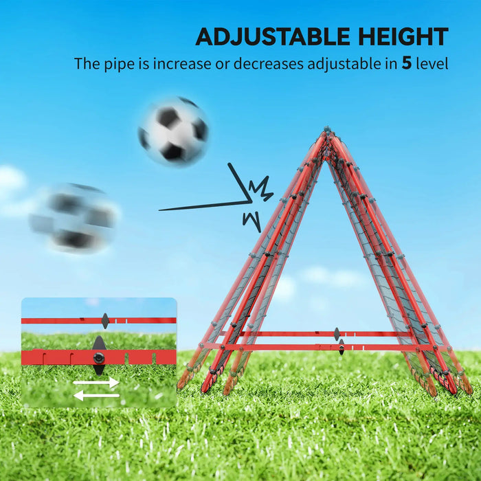 Adjustable height red soccer goal frame on grass with five-level pipe adjustment and flying soccer balls