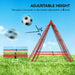 Adjustable height red soccer goal frame on grass with five-level pipe adjustment and flying soccer balls