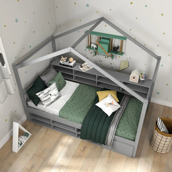Children's room with a gray house-shaped bed, shelves, and decorative elements.