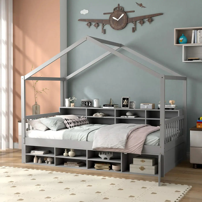 Gray children's bed with bookshelves in a bedroom setting