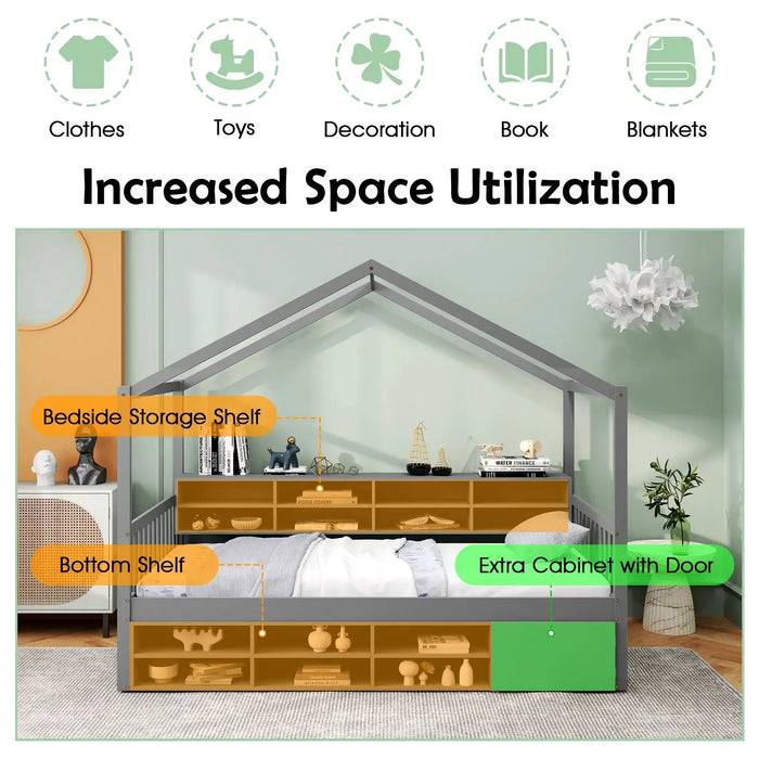 Bedroom setup with a house-shaped bed and storage shelves, highlighting increased space utilization.