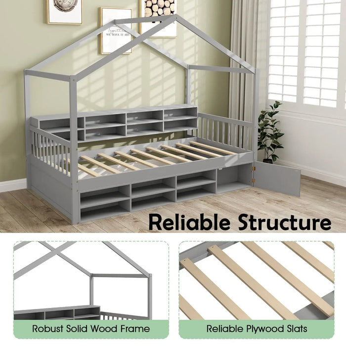 Children's bed with house design in a room setting, emphasizing robust solid wood frame and reliable plywood slats.