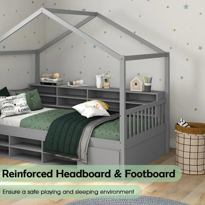 Children's room with a gray house-shaped bed and shelves.