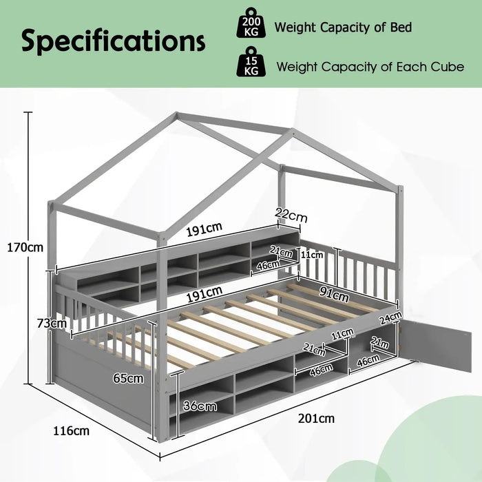 Dimensions and weight capacity of a gray playhouse bed with measurements labeled.
