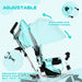 Turquoise baby stroller with adjustable and removable canopy on a light blue background