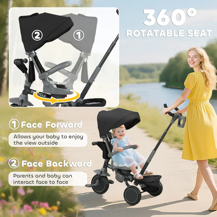 Child in a stroller with a woman pushing it, featuring a 360-degree rotatable seat.