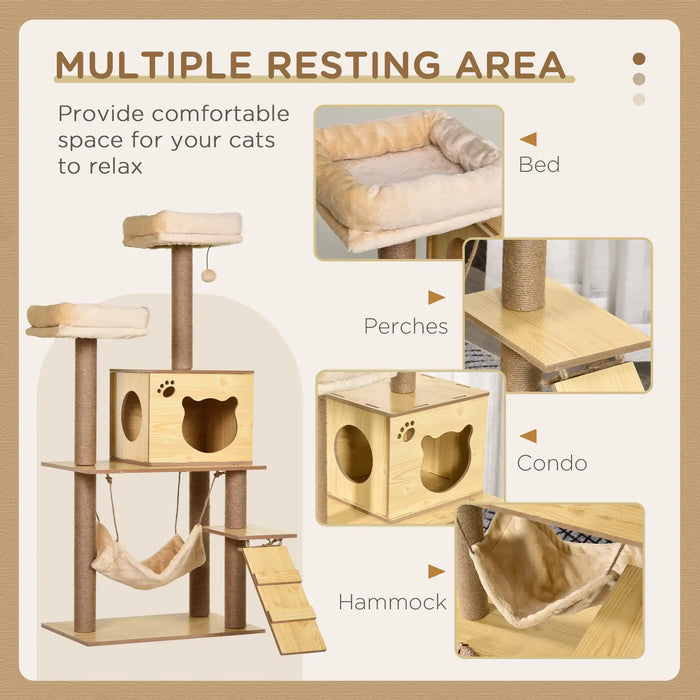 Multi-level wooden cat tree with bed, perches, condo, and hammock for relaxing cats