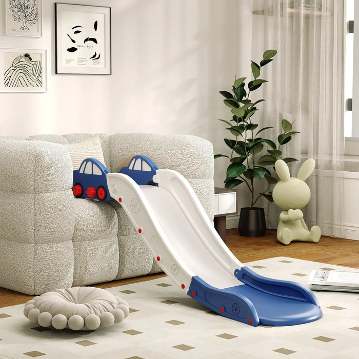 Indoor kids slide with blue and white car design attached to a beige sofa in a modern living room