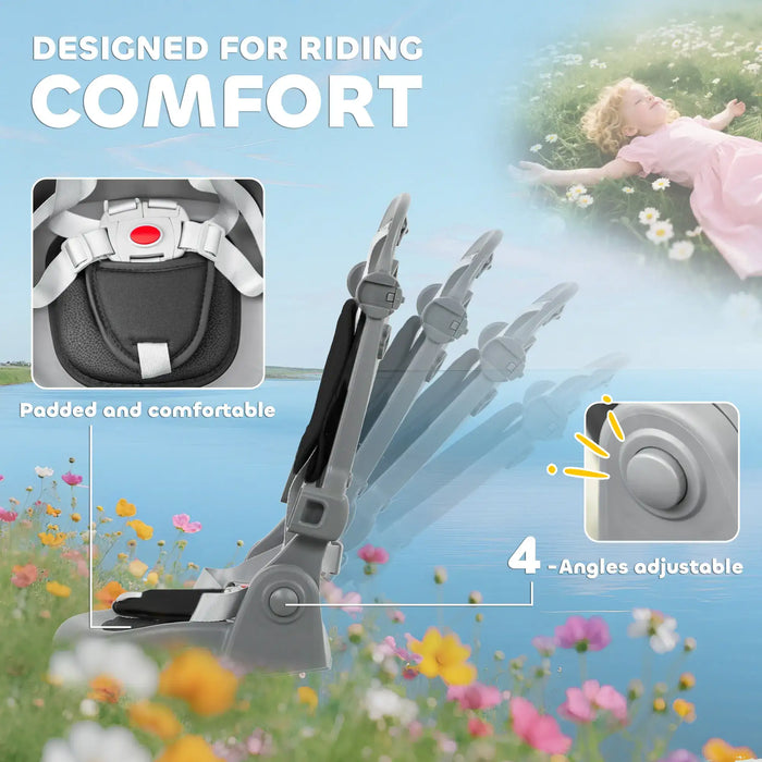 Baby seat with adjustable straps and padding features, set against a scenic background with a child and flowers.