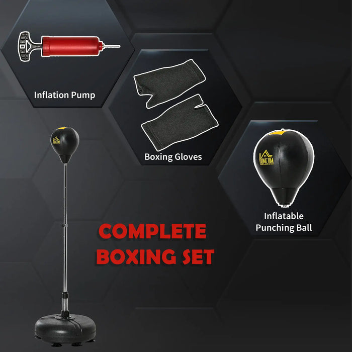 Complete boxing set with inflatable punching ball, black boxing gloves, and red inflation pump