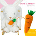 White plush rabbit with a detachable carrot toy on a pink background