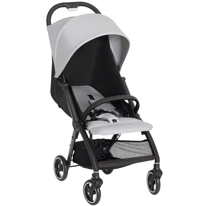 Black and gray stroller on a white background