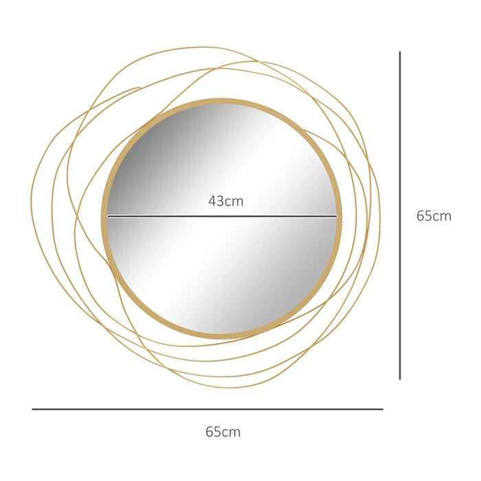 Gold circular mirror with dimensions on a white background