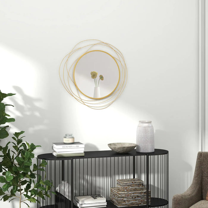 Modern interior with a black console table, decorative items, and a wall mirror.
