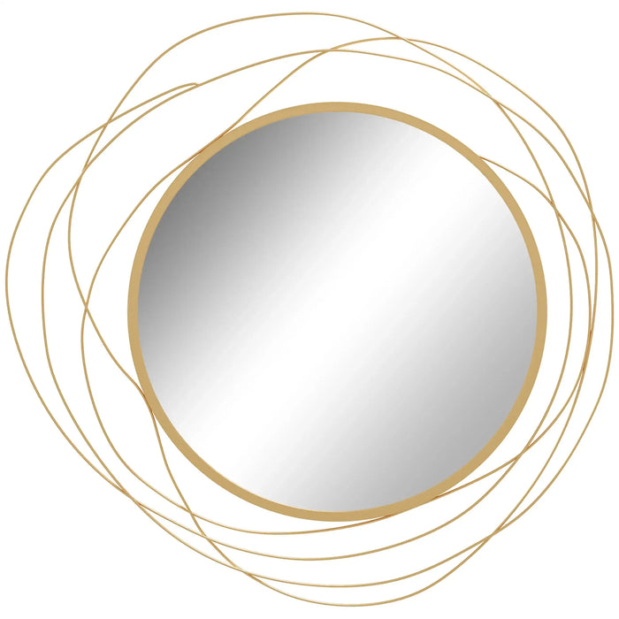 Round mirror with gold circular frame on a white background