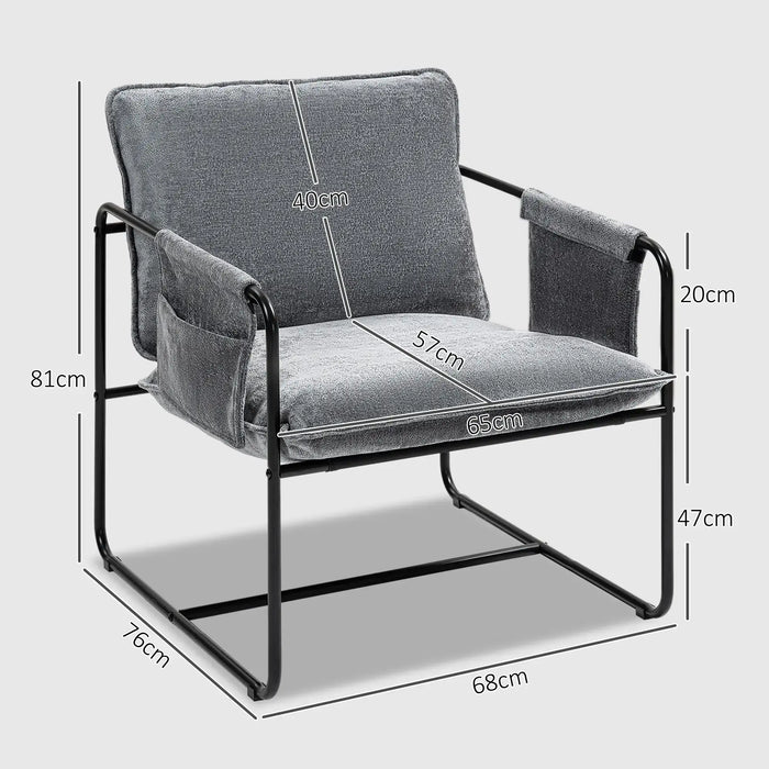 Gray armchair with dimensions marked on a white background